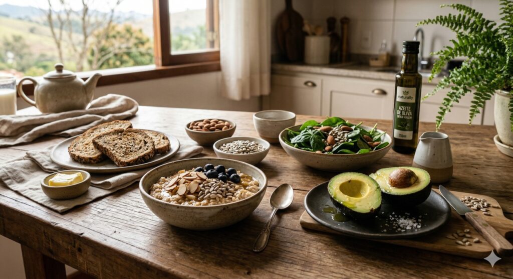 Cena mostra alimentos naturais que ajudam a compor uma rotina alimentar amiga do fígado