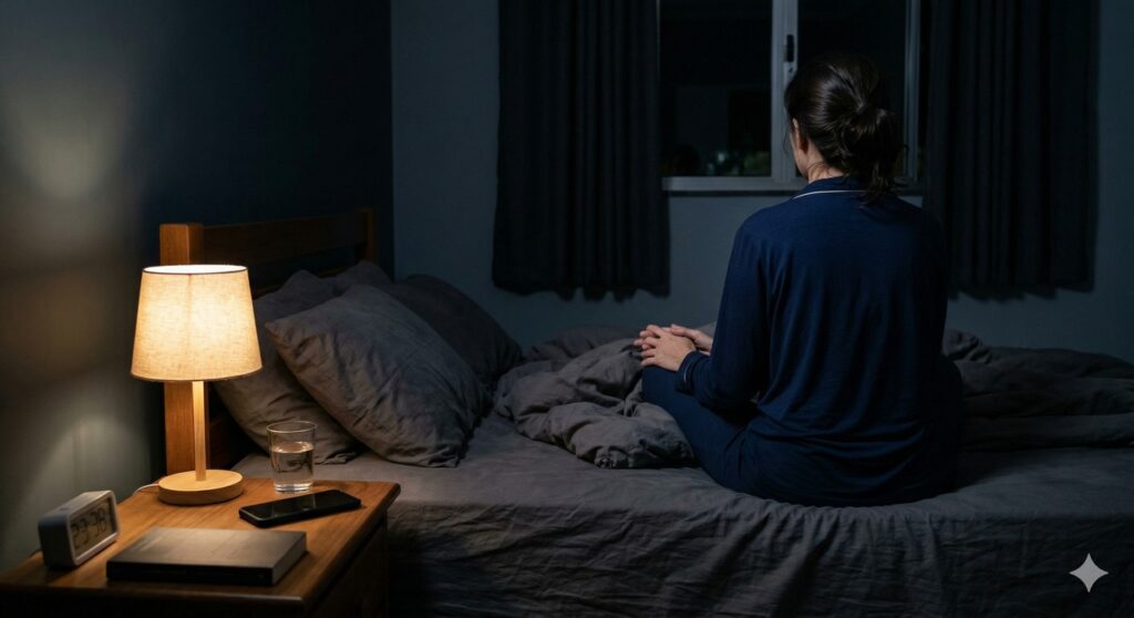 Cena mostra um momento de silêncio antes de dormir para favorecer o sono e a saúde cerebral