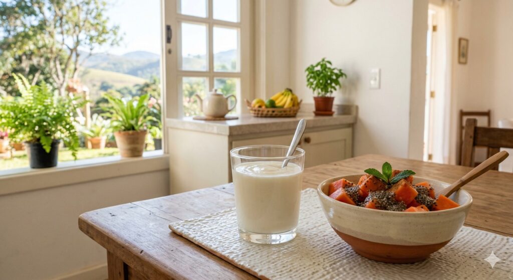 Kefir servido pela manhã com fibras naturais que ajudam no funcionamento intestinal