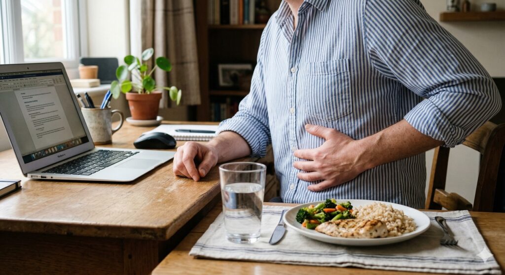 Cena que remete ao cansaço constante e ao desconforto abdominal ligados à saúde do fígado