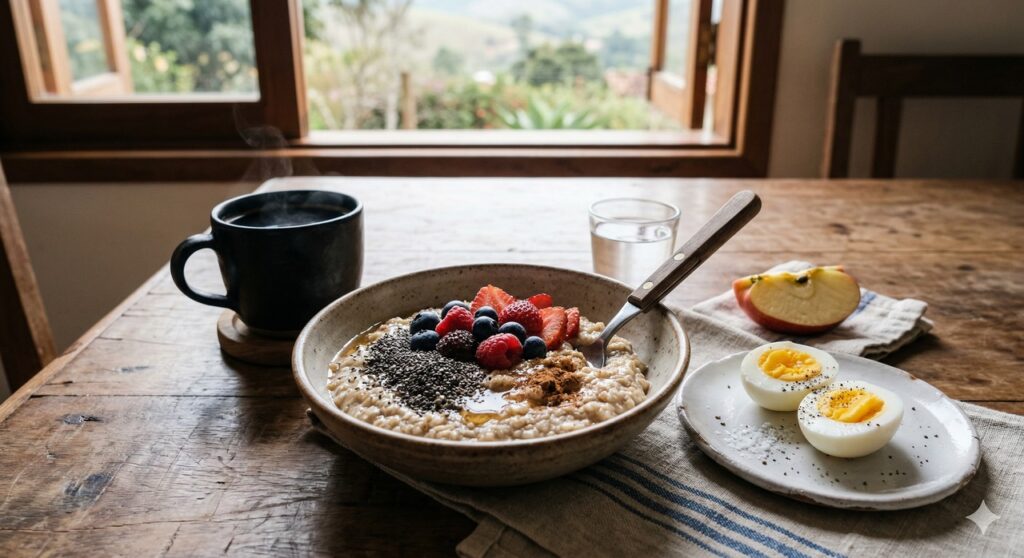 Refeição matinal com fibras, proteína e café sem açúcar para quem quer cuidar do fígado