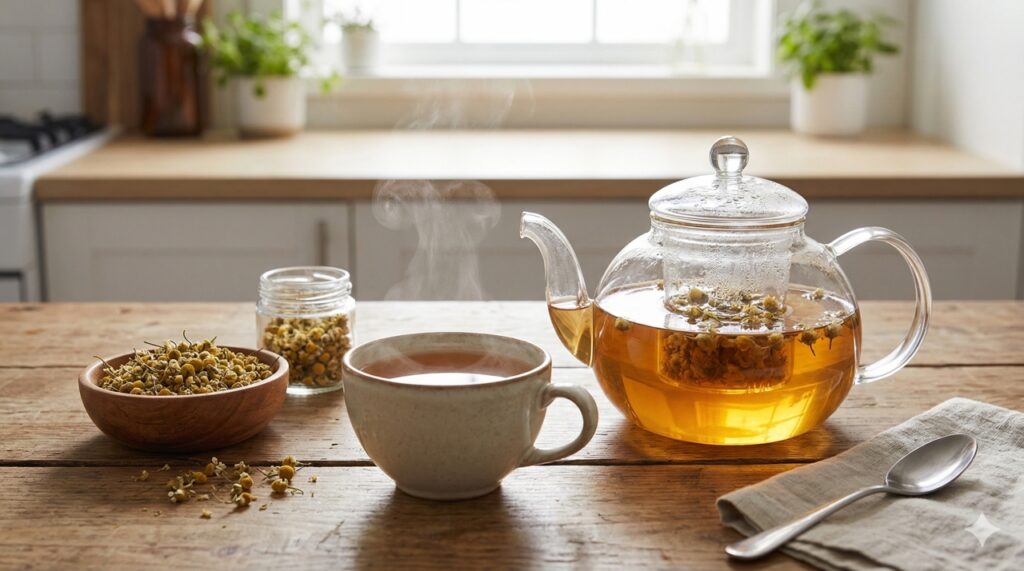 A camomila contém compostos naturais que ajudam a relaxar e reduzir a ansiedade.