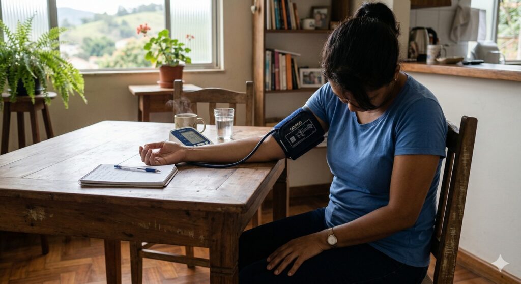 Cena mostra a forma correta de medir a pressão em casa com o braço apoiado