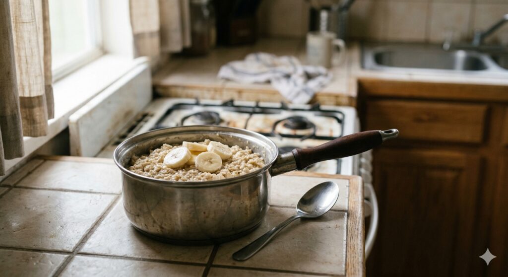 Mingau de aveia preparado com flocos grossos e fruta para proteger o coração