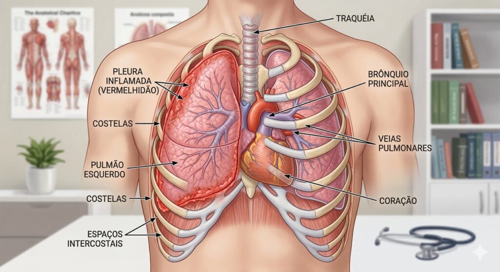 Inflamações na pleura ou infecções pulmonares podem causar dor nas costas ao inspirar profundamente.