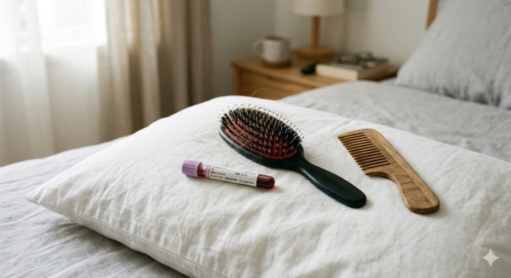 Fios no travesseiro e itens que remetem à investigação da tireoide e da queda capilar