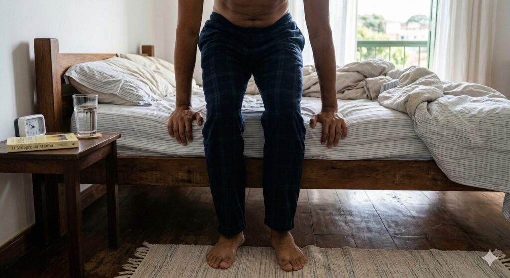 Cena mostra o cuidado de sentar antes de levantar para evitar tontura matinal
