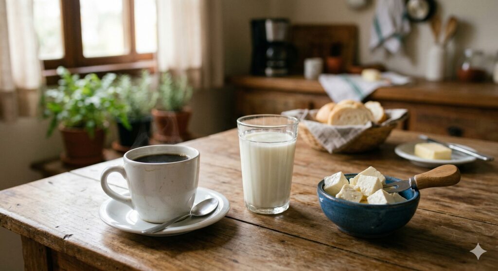Café, leite e alimentos com cálcio em uma cena que remete à saúde dos ossos