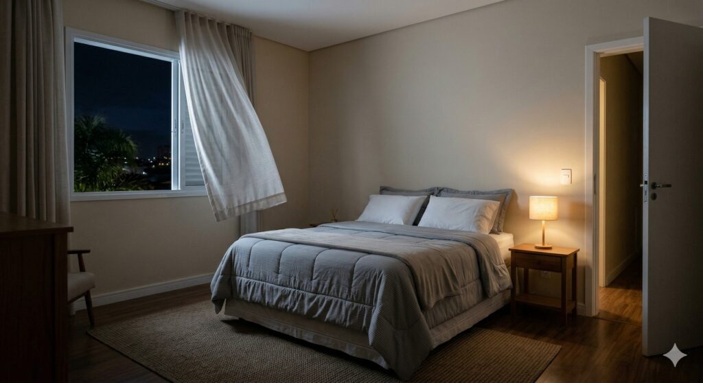 Porta entreaberta e janela com fresta ajudam a melhorar a ventilação do quarto à noite