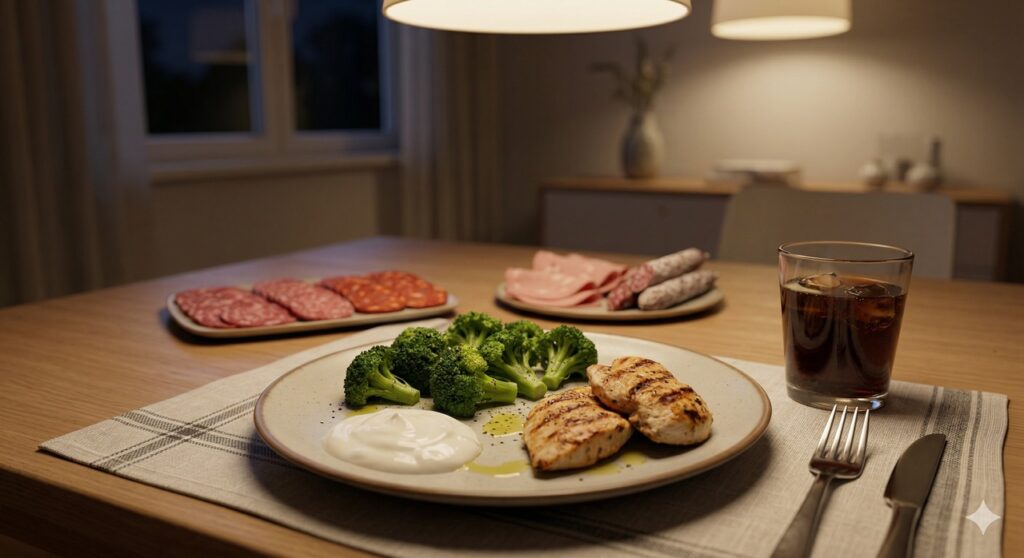 Prato do jantar com alimentos mais adequados para os ossos e opções a evitar ao fundo