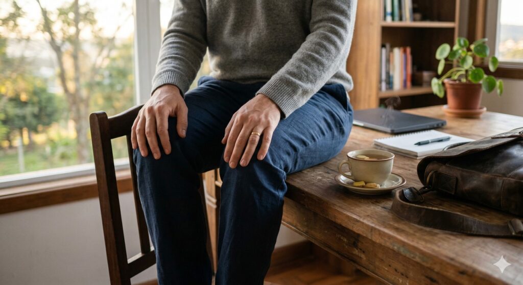 Chá de gengibre no fim da tarde em rotina de alívio para joelhos pesados