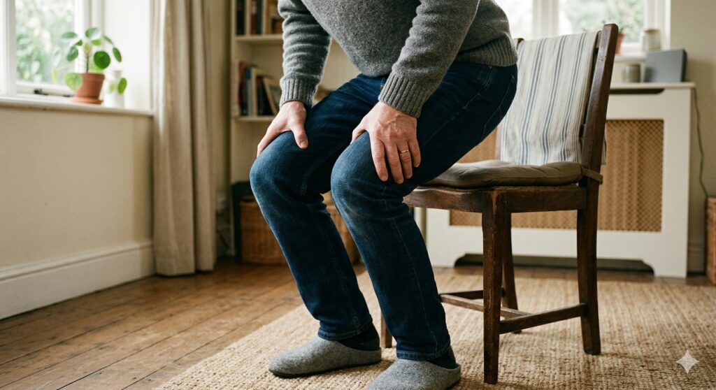 Movimento simples de levantar da cadeira destacando os joelhos e o cuidado com a articulação