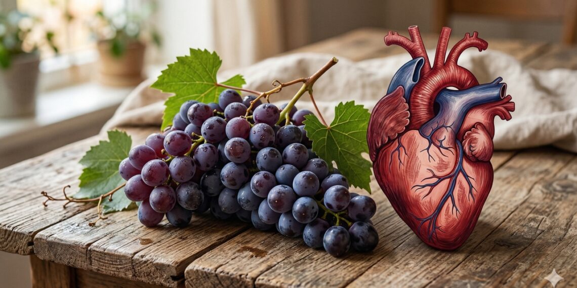 O resveratrol presente na uva roxa é estudado por ajudar na circulação e na saúde do coração.