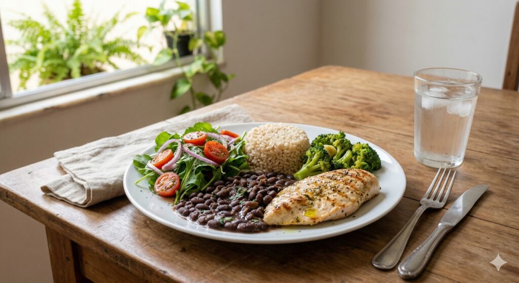 Prato equilibrado com vegetais, proteína magra e grãos integrais para cuidar do fígado