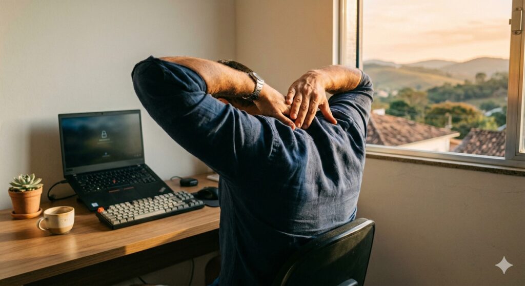 Pessoa alonga ombros e pescoço no trabalho para aliviar a tensão muscular.