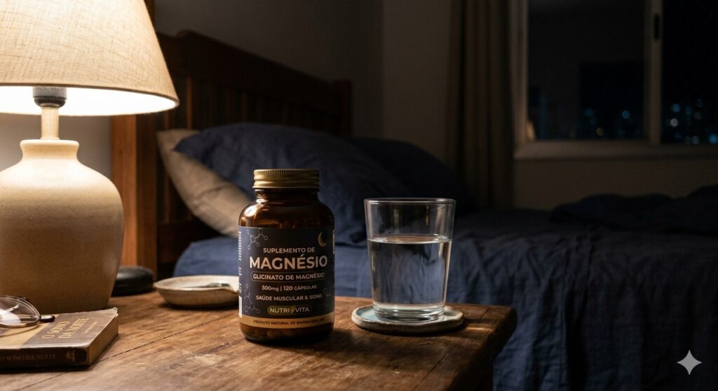 Suplemento de magnésio ao lado da cama para a rotina de relaxamento noturno