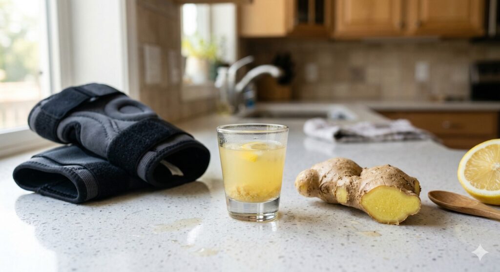 Shot de gengibre preparado pela manhã ao lado de uma joelheira sugere cuidado natural com as articulações