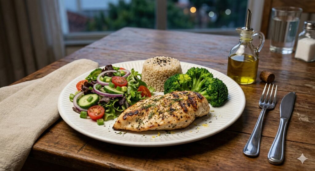 Proteína, vegetais e carboidrato complexo em porção moderada ajudam no controle da glicose à noite.