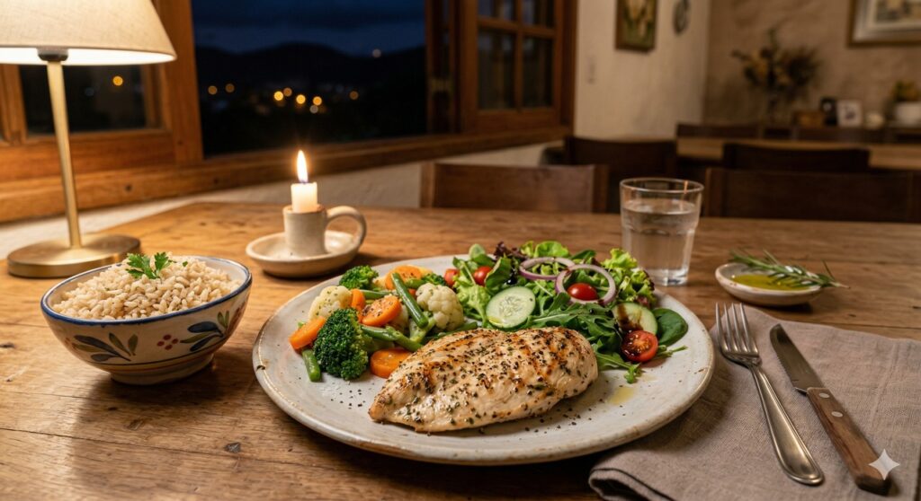 Prato noturno com vegetais, proteína magra e carboidrato integral sugere melhor controle da glicose até a manhã seguinte