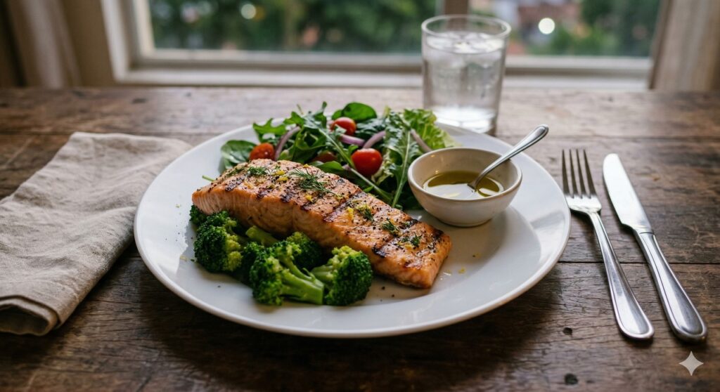 Peixe, vegetais e azeite ajudam a reduzir a inflamação e apoiar a saúde da cartilagem.