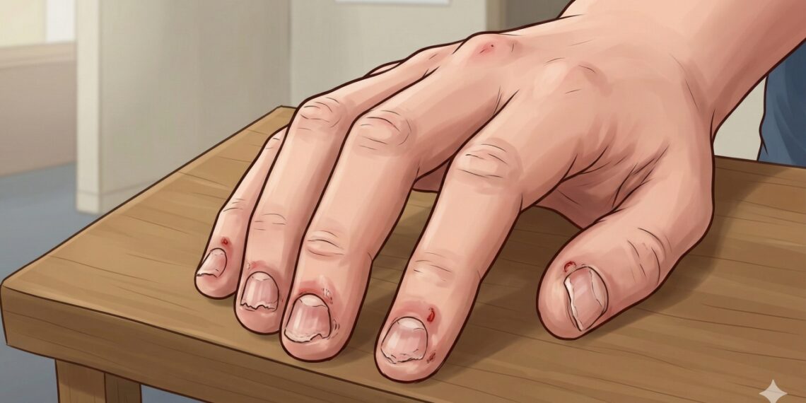 Unhas roídas e cutículas machucadas podem ser sinal de ansiedade e comportamento repetitivo ligado ao estresse.