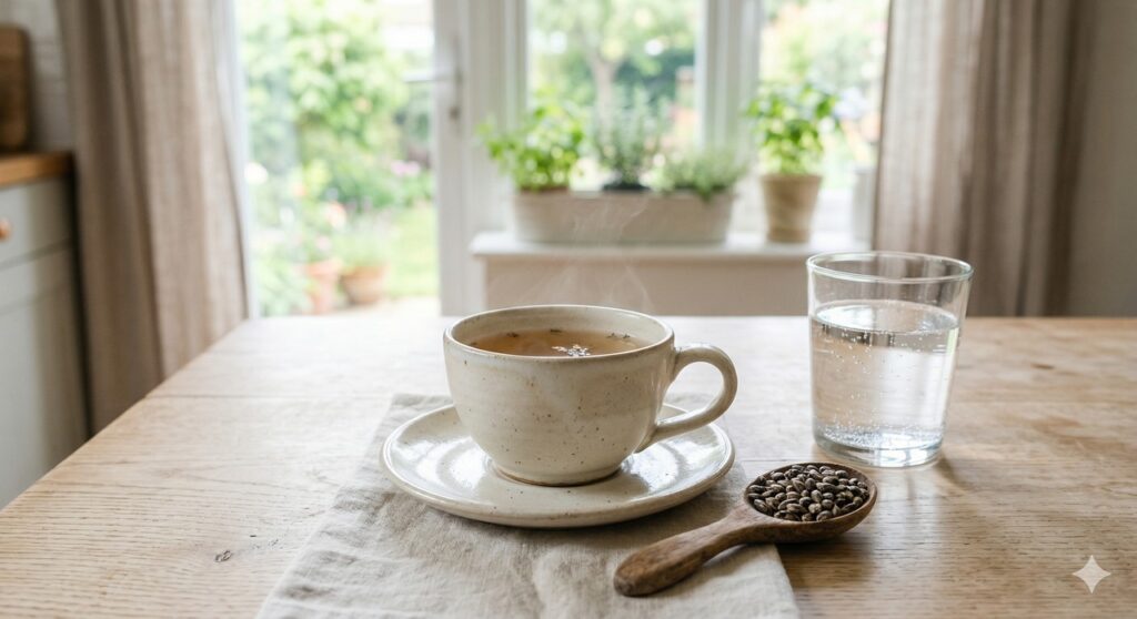 Xícara de chá de cardo-mariano em rotina simples de cuidado com o fígado