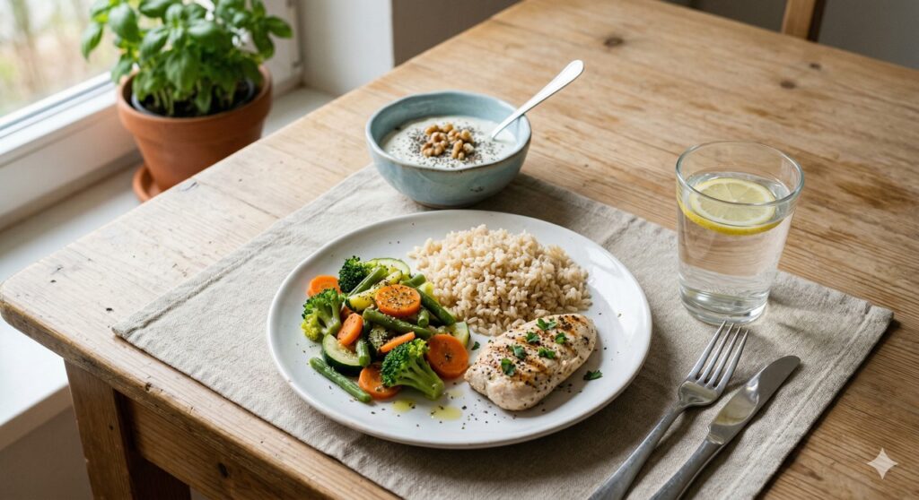 Refeição com água, limão, legumes e laticínio para apoiar a prevenção de cálculos renais