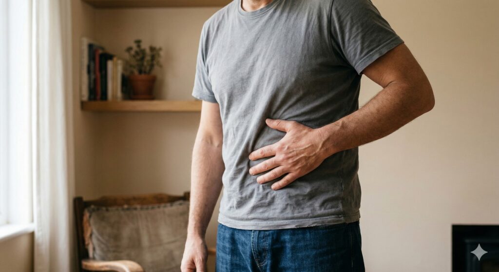 Mão sobre o lado direito do abdômen mostrando a região onde pode surgir o incômodo hepático