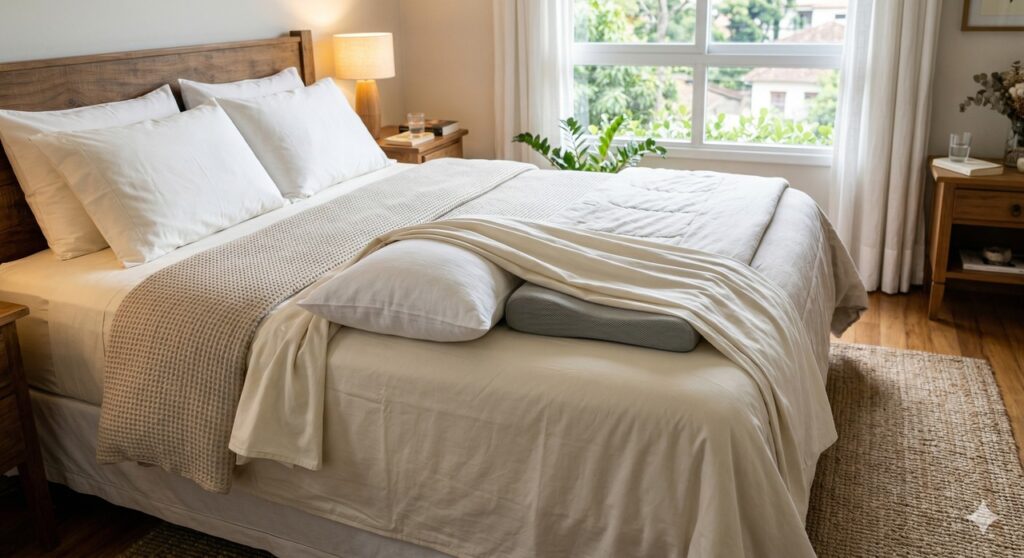 Apoios simples na cama ajudam a alinhar a coluna e reduzir a dor lombar ao acordar