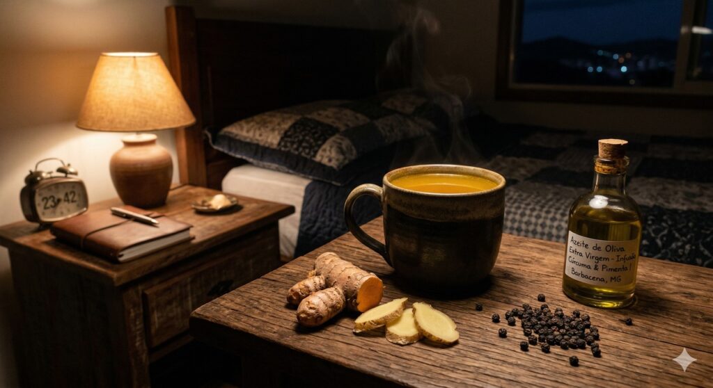 Chá de cúrcuma com pimenta, gengibre e azeite para a rotina noturna