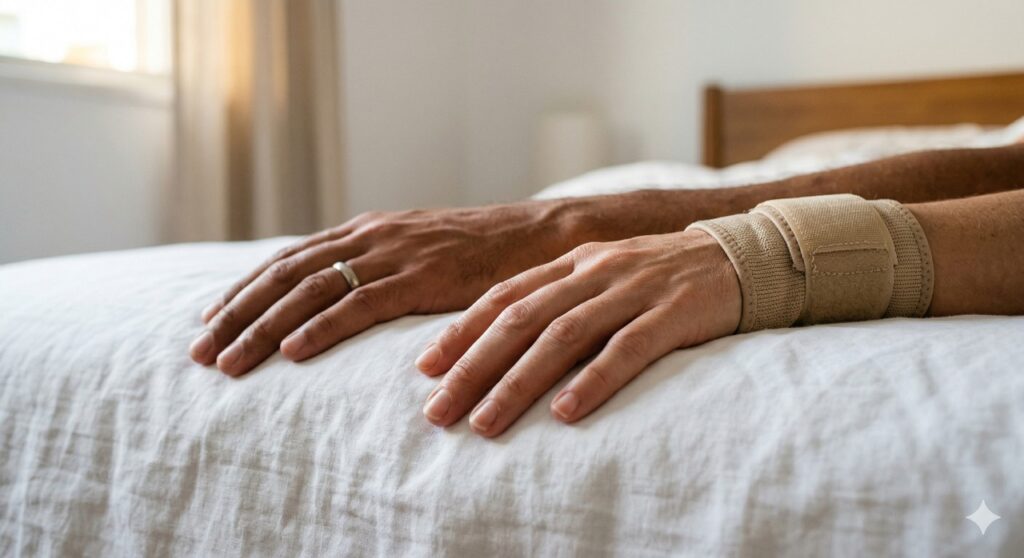 Mãos apoiadas na cama sugerem dormência e compressão nervosa ao acordar