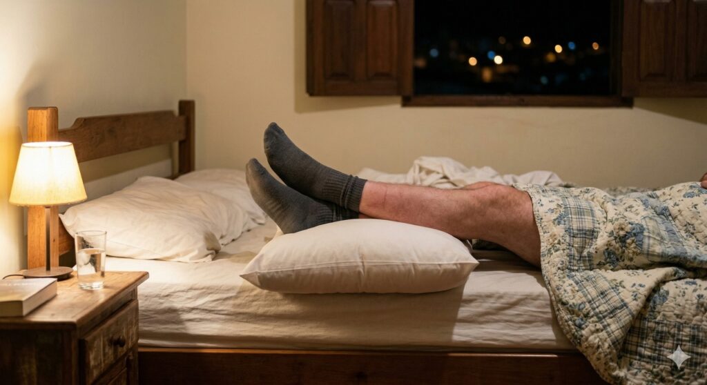 Pernas apoiadas sobre travesseiro sugerem uma forma simples de reduzir o inchaço noturno