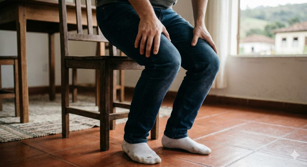 Pessoa se levantando da cadeira com foco no joelho e no apoio das pernas.