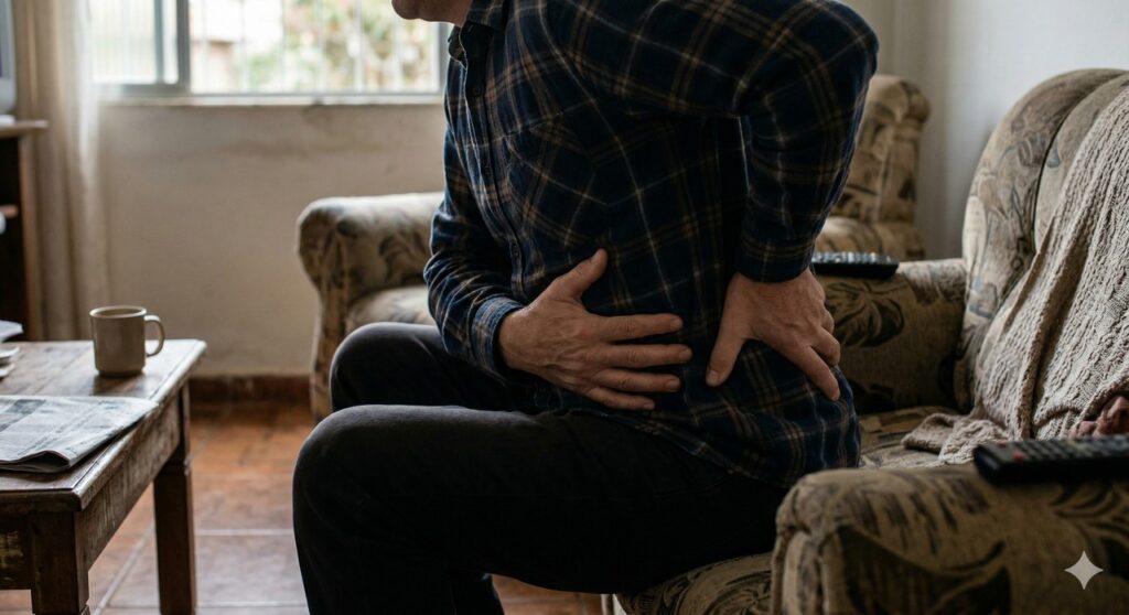 Cena representa dor no lado esquerdo com irradiação para as costas e necessidade de atenção aos sinais de alerta