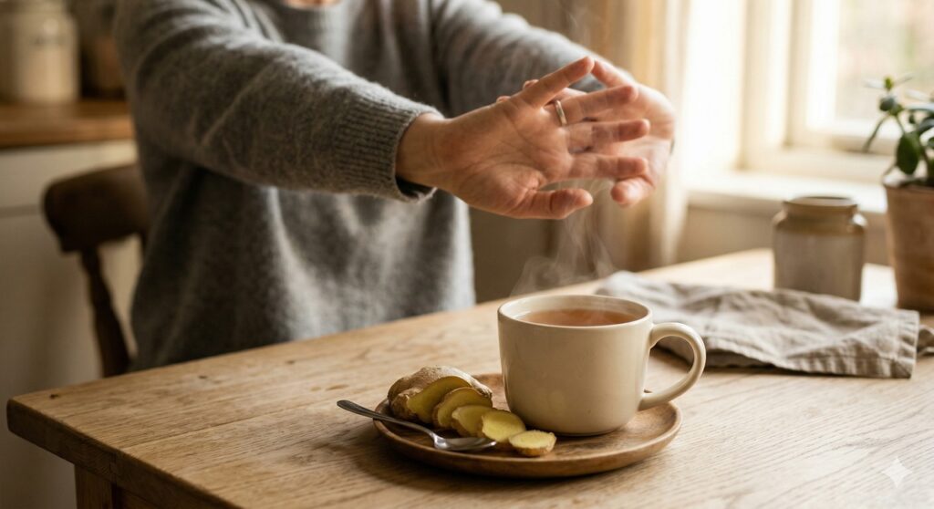 Chá de gengibre ao lado de mãos alongando os dedos para aliviar a rigidez matinal