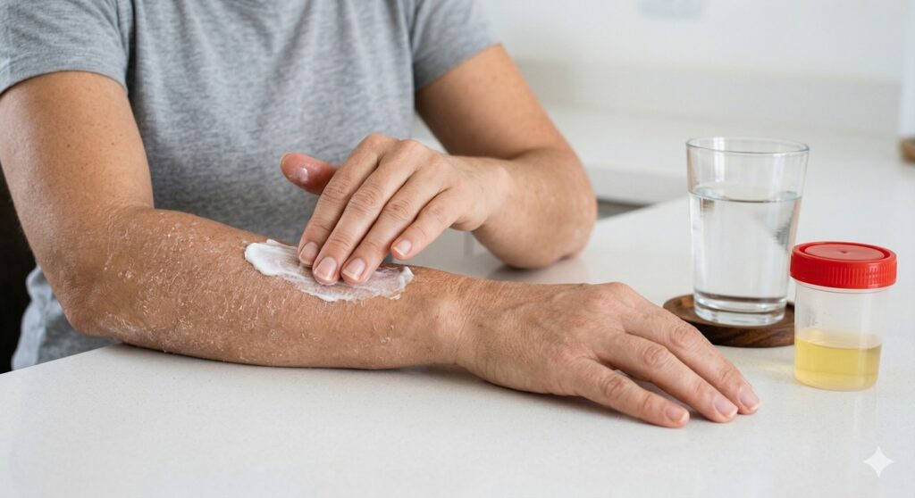 Pele ressecada e cuidados simples ilustram sinais que podem acompanhar alterações nos rins