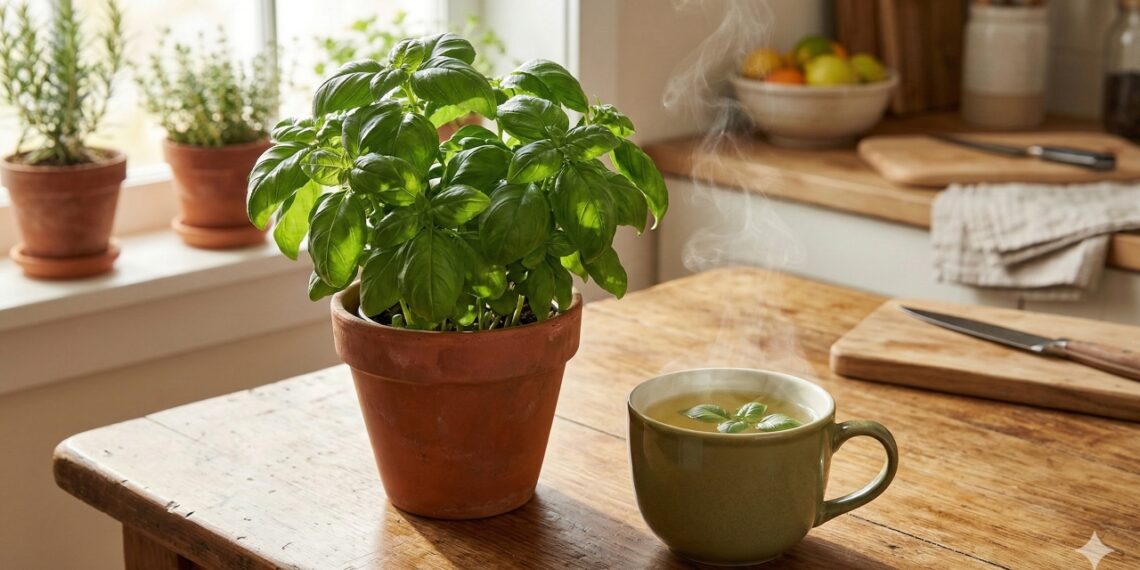 Folhas frescas de manjericão e chá natural: um tempero simples que pode ajudar na concentração, reduzir o estresse e melhorar a digestão