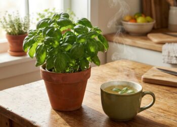 Folhas frescas de manjericão e chá natural: um tempero simples que pode ajudar na concentração, reduzir o estresse e melhorar a digestão