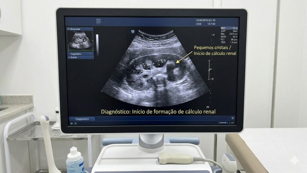 Ultrassom mostra pequenos cristais no rim indicando formação inicial de pedra nos rins.