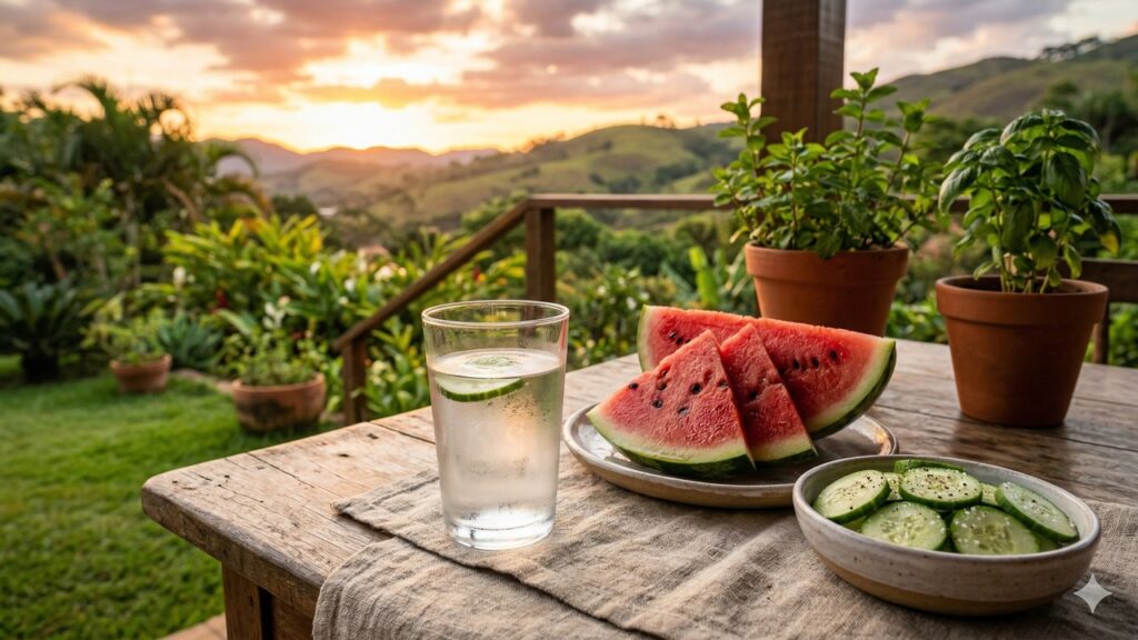 Mesa com melancia, pepino e água refrescante em cenário natural ao pôr do sol.