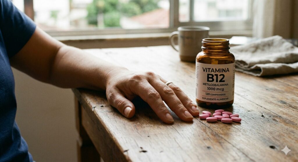 Mão sobre a mesa ao lado de vitamina B12, em cena associada ao formigamento persistente.