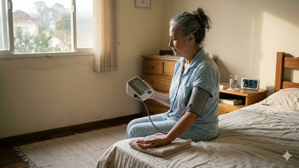 Mulher sentada na cama utiliza um aparelho digital para medir a pressão no braço.