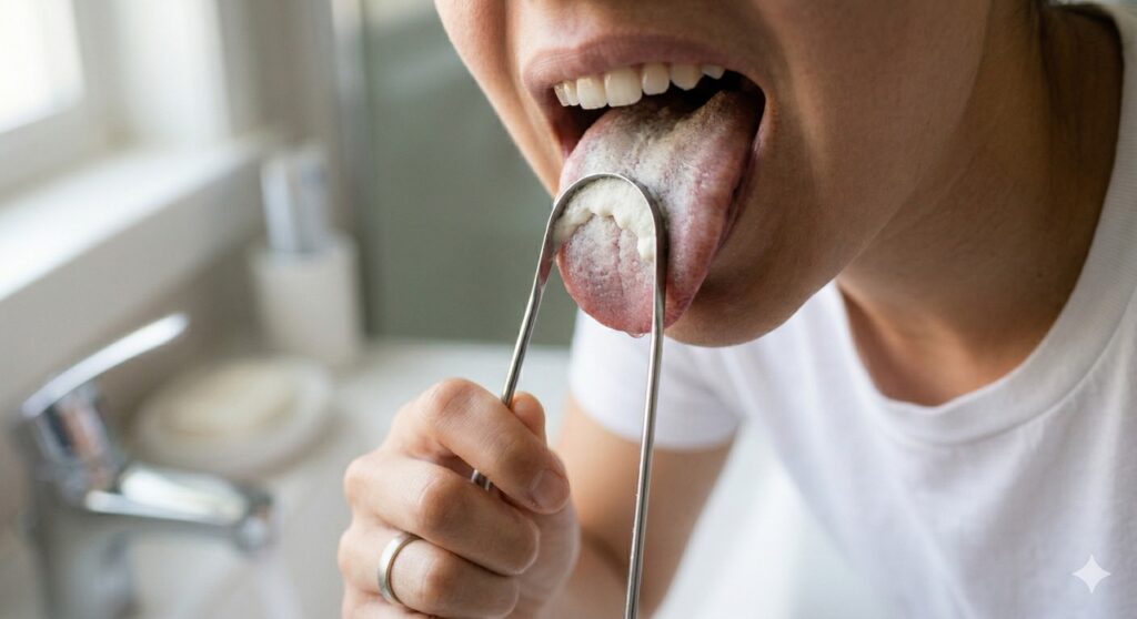 Pessoa usa um utensílio para examinar uma camada esbranquiçada na língua em frente ao espelho.