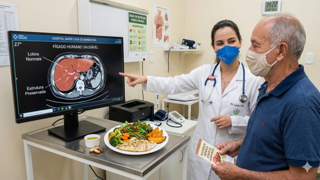 Médica explica exame do fígado a paciente enquanto apresenta opções de dieta saudável.