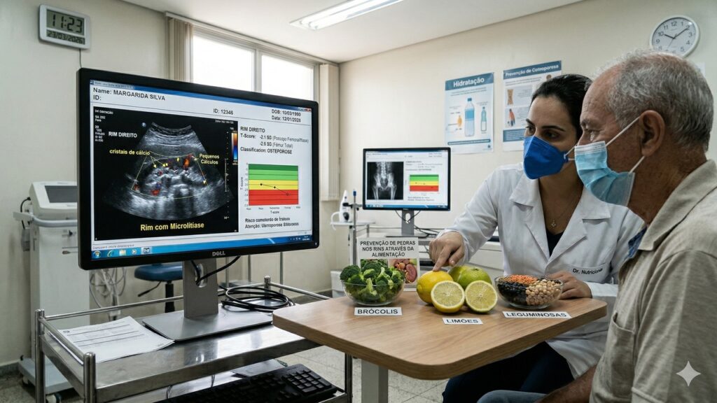 Médica explica exame de rim com microcálculos enquanto apresenta alimentos saudáveis ao paciente.