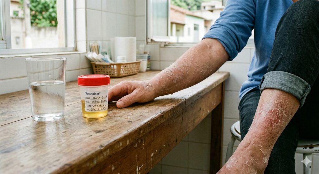 Pele ressecada ao lado de exame e água em cena associada aos sinais de alerta dos rins.