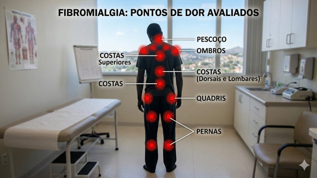 Ilustração destaca áreas do corpo com dor associadas à fibromialgia, como pescoço, costas, quadris e pernas.