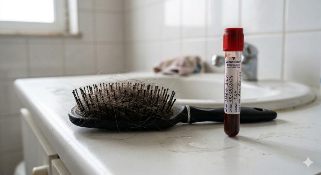 Fios acumulados na escova ao lado de um exame de TSH sugerem investigação da tireoide.