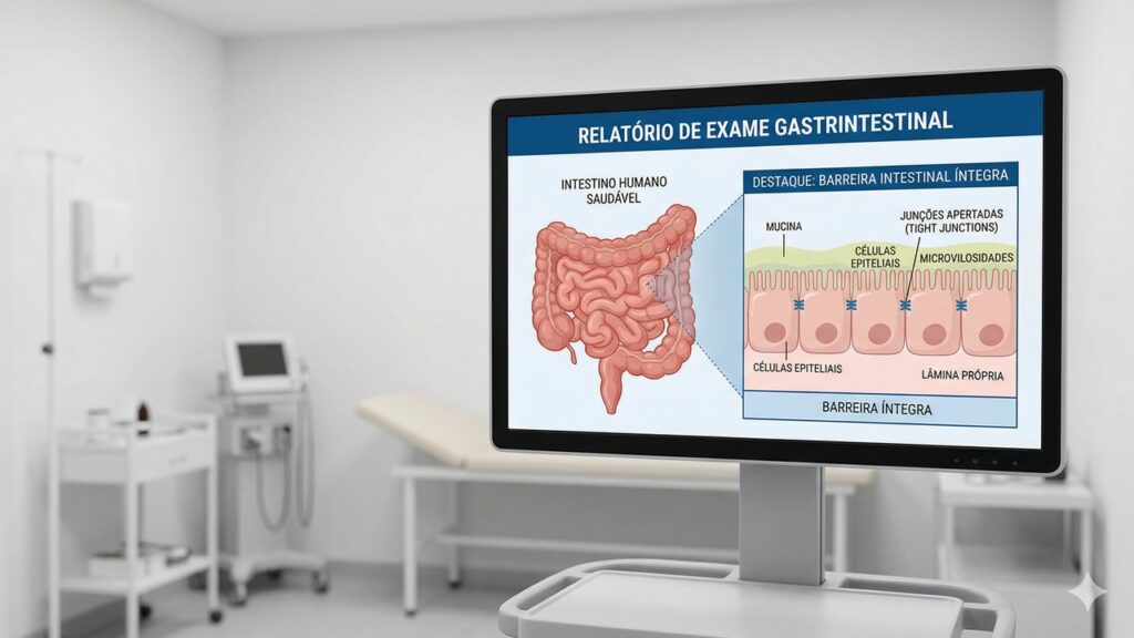 Tela mostra diagrama do intestino saudável destacando a integridade da barreira intestinal e suas estruturas.