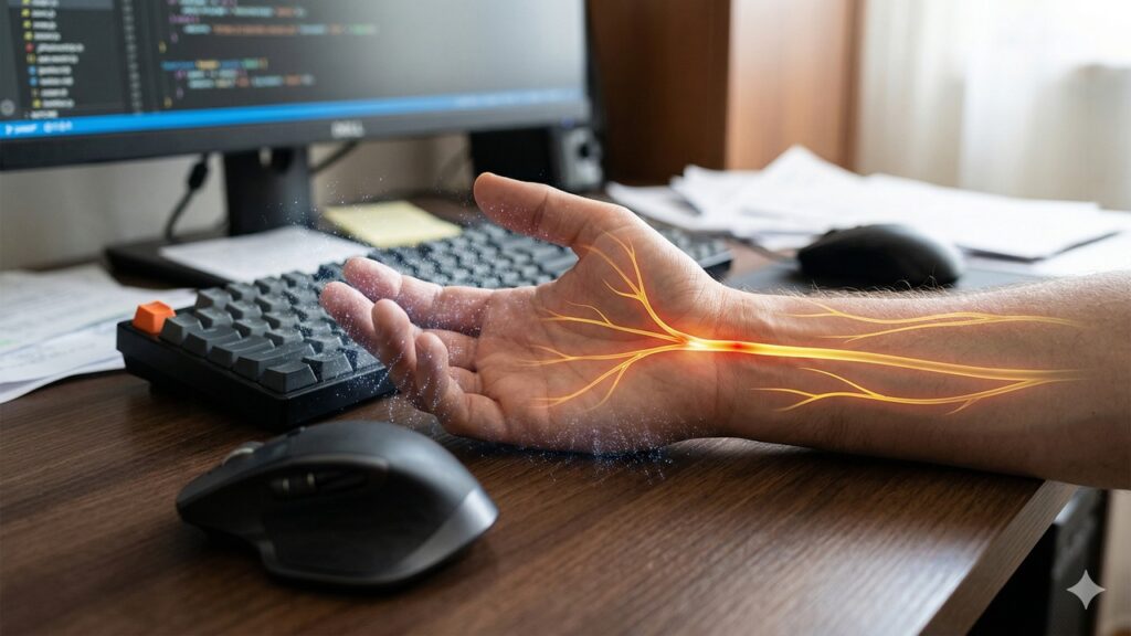 Mão apoiada no mouse com destaque nos nervos indicando dor por uso repetitivo no punho.